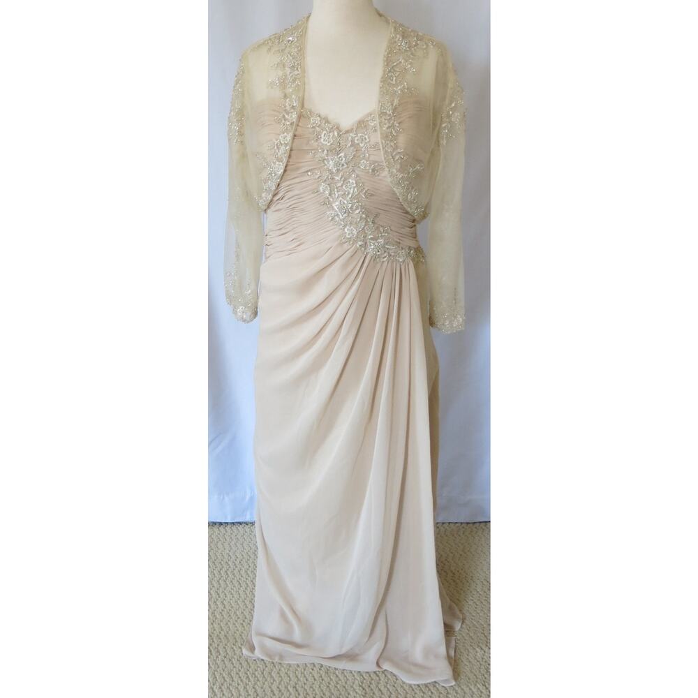 Jordan Fashions Caterina Evening Gown and Jacket Size 18 Beaded Beige Formal
